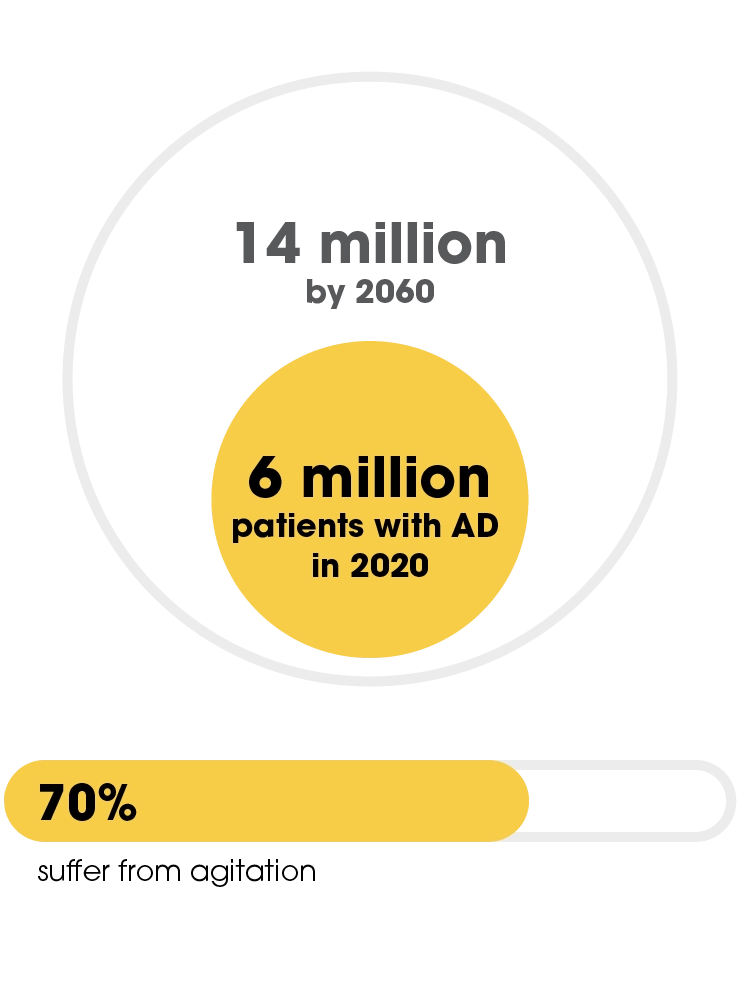 Of the 6 million patients with Alzheimer's Disease in 2020, 70% suffer from agitation